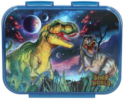 Depesche 13399 Dino World Galaxy Azul Oscuro, con Motivo de Dinosaurio y diseño Espacial, Fiambrera con 3 Compartimentos y Tapa Transparente, Multicolor, One Size
