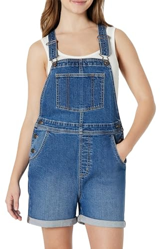 Amazon Essentials Salopette Corta in Denim, Mediamente Elasticizzata, con Spalline Regolabili, Vestibilità Comoda Donna
