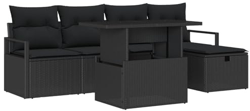 vidaXL 6-teiliges Garten-Sofa-Set in Schwarz aus Poly-Rattan mit Kissen. UV-beständig und bequem für bis zu 5 Personen. Modernes Design, perfekt für Terrasse, Balkon oder als Loungemöbel im Garten.