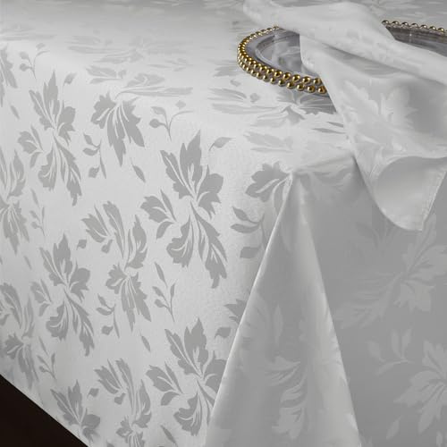 Romanstile White Floral Table Cloth Jacquard Spring 210 GSM Festive Tablecloths rectangular,wipe clean,140x200cm,Water-Repellent for Holiday Dining,Party,Gift,Birthday,Kitchen,Easter,Outdoor,Garden