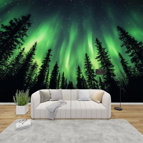 QEODAH 3D Tapete Nordlichter Schlafzimmer, Fototapete Polarlichter, Vliestapete Schwarz Grün, Tapeten Wohnzimmer Muster, Wald Landschaft Wand Deko Kinderzimmer, Wandtapete, Mustertapete 350x256 cm