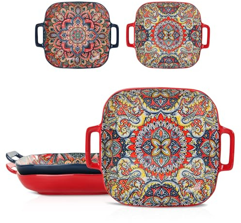 DDIKTH Ceramic Serving Platter with Handles,Bohemian Ceramic Plate,Square Dinner Plate,Colorful Salad Dish,Retro Fruit Plate (Red + Blue)