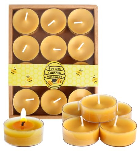 12Pcs 100% Pure Beeswax Tealight Candles, 4 Burn Time Yellow Outdoor Candle | Handmade Bees Tea Lights Candles with Cotton Wick, Unscented Araffin-free Non-Toxic for Relaxation Patio Garden Camping Home