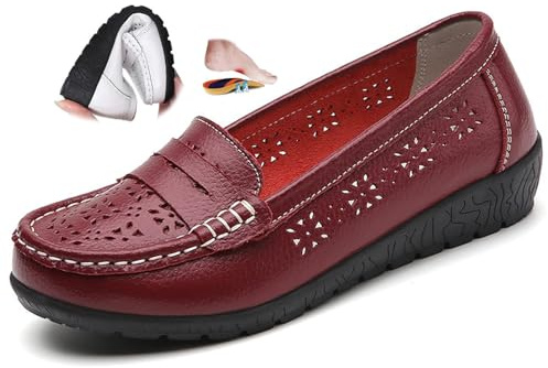 Mocassins orthopédiques pour femme en cuir respirant, large coupe mocassins classiques, mocassins de conduite, travail, chaussures d'allaitement, Red H, 41 EU