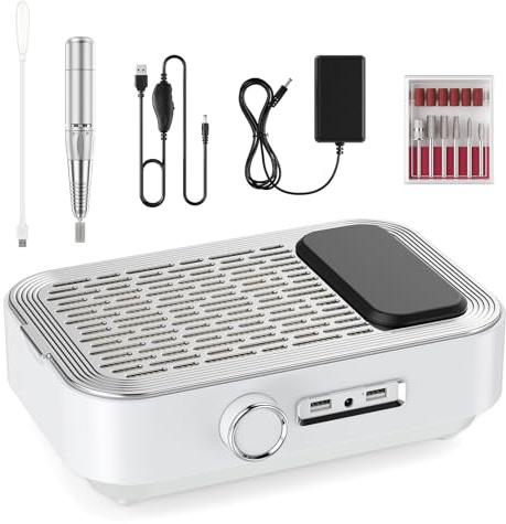 Trsaow Máquina Eléctrica de Limar Uñas 4 en 1 con Aspirador de Polvo, Luz LED & Power Bank, 45.000 RPM Profesional para Uso en Casa y Salón