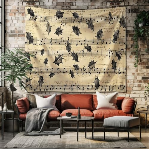 SKOEUI Wandteppich Weihnachten Stechpalme Großer Wandbehang 200x200 cm | Vintage Musiknote Stoff Beige Einzigartiges Design Wandtuch für Schlafzimmer Wohnheim Deko, Wandkunst Deko
