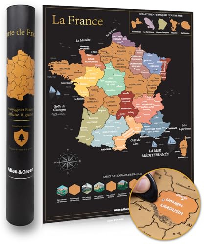 Atlas & Green Rubbel-Frankreichkarte – Deluxe Scratch Map Frankreich mit allen Départements – Groß (59.4 x 42 cm) – Rubbelkarte der besuchten Orte – Reiseposter inkl. Zubehör & Geschenkröhre