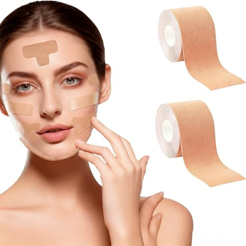 2 Stück Face Lifting Tape, 3.8cm x 5m Tape Falte GesichtsKinesiotape fur Gesichtsstraffung undFaltenreduktion,Hautfarben