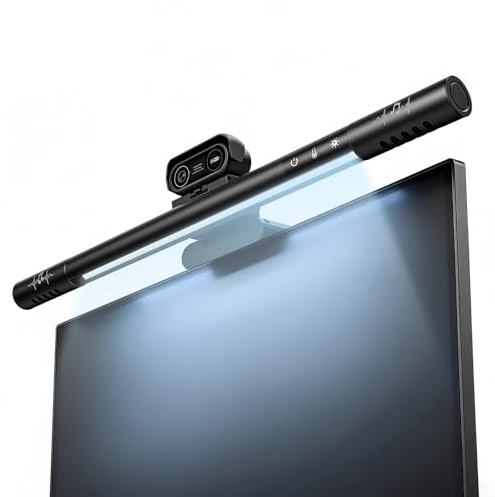 4K Webcam with Microphone and Speaker, 4-in-1 All-in-One UHD Camera with Integrated Fill Light Bar, Dual Hi-Fi Speakers, HDR Auto Light Correction, Privacy Cover, for Computer Monitor & Standing Desk