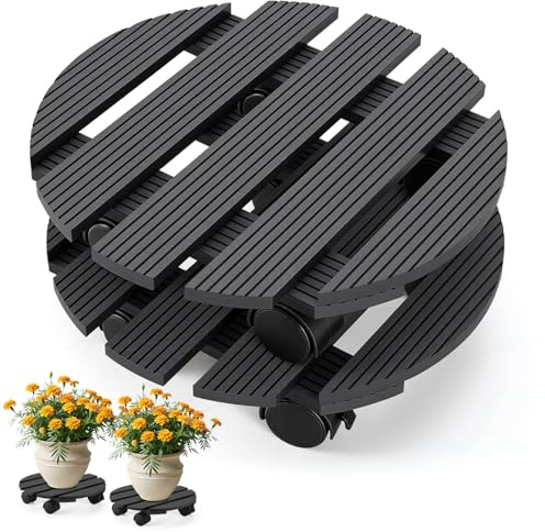 Fogmiea 2X WPC Pflanzenroller Rund Ø 30 x 7,5 cm, Blumenroller mit Rollen, Kübelroller bis 80 kg, Rolluntersetzer für Innen- und Außenbereich, Rollbrett für Pflanzen und Blumentöpfe, Anthrazit
