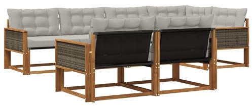 vidaXL Outdoor-Sofagarnitur mit Kissen 7 pcs Natürlich und Hellgrau, Garten-Sofa, modernes Outdoor-Möbel, strapazierfähige Lounge, Sitzgruppe für Terrasse und Komfort