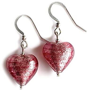 Diana Ingram earrings with rose pink (cerise, fuchsia) Murano glass small heart drops on Sterling Silver or 22 Carat gold vermeil hooks