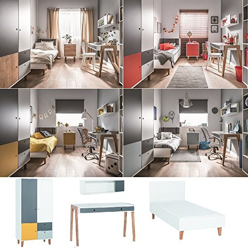 QMM TraumMoebel Jugendzimmer Kinderzimmer komplett Colin Set D Schrank Schreibtisch Bett 120x200 Wandregal 4 Farben neu