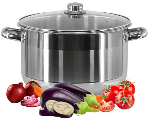 GEEZY Stainless Steel Casserole Stockpot with Glass Lid – Large Deep Induction Base Cooking Pot for Gas, Electric, Ceramic & Halogen Stoves (30 x 20 cm, 14 LTR)