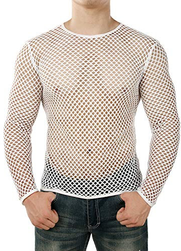 JOGAL Men's Mesh Fishnet Fitted Muscle Top (M, [Long Sleeve] White)