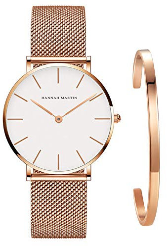 Kubagom Damen Uhren Analog Quarz Edelstahl Wasserdicht Mesh Ultradünne Set mit Armreif (Weiß Oberfläche,Rosegold Armband,Rosegold Armreif)