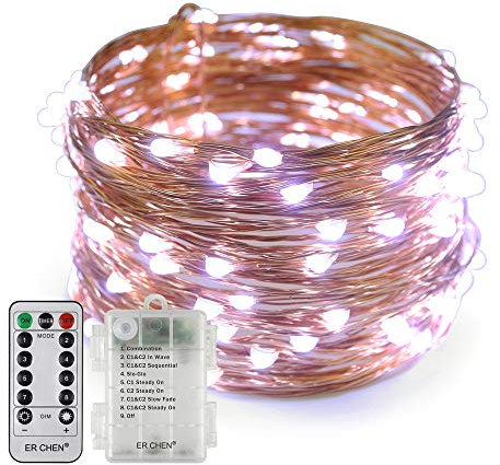 Erchen Battery Operated LED String Lights, Dimmable 33 FT 100 LED Ultra Thin Waterproof 8 Modes Timer Copper Wire Fairy Lights with 13 Key Remote Control for Indoor Outdoor Christmas Party (White)