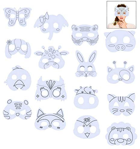 Xrten 16 Stück Tiermasken Kinder, Blanko Masken zum Ausmalen, Kinder Cosplay Masken für Kinder zum Gestalten und Verkleiden, Halbmasken Kinder für Halloween Weihnachten Geburtstag Party
