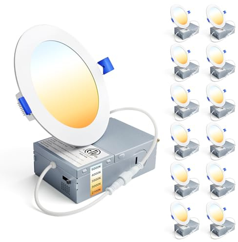 Ensenior 12 Pack 4 Inch LED Recessed Ceiling Light, Dimmable, 2700K-5000K 5CCT, 750LM 9W 120V, High Brightness Canless Wafer Downlight - ETL&FCC&IC