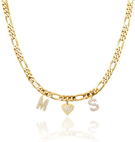 Figaro Namenskette Buchstabenkette Herz Alphabet A-Z I Kette mit Initialien I Damen Halskette Edelstahl Gravur I Hochwertiger personalisierter Schmuck I Geschenkidee für Freundin Frau Gold