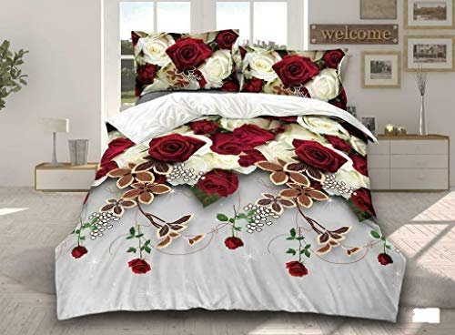 THL 4 Piece Complete Bedding Set 3D Printed Duvet Quilt Cover With Pillowcase Floral Design (310 Red White Roses, King)