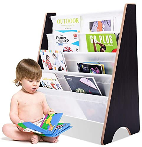 GYMAX 4 Tier Kids Bookshelf, Children Sling Bookcase with Fabric Shelves, Wooden Book Storage Rack for Bedroom, Playroom, Daycare (Coffee)