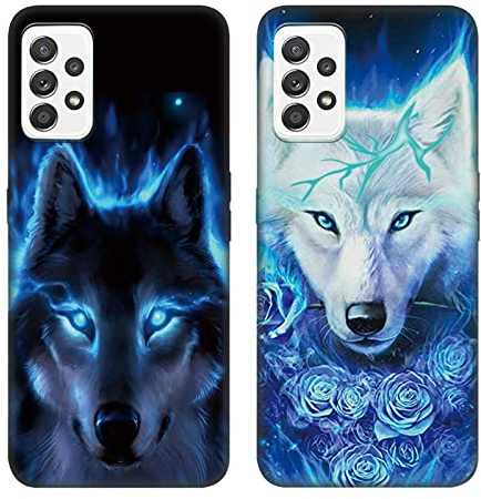 Tveinan Hülle für Samsung Galaxy A52 5G 4G / A52S 5G Handyhülle, [2 Pack] Süß Muster Schwarz Stoßfest Schutzhülle für Samsung A52 5G 4G / A52S 5G, Slim Cover Silikon Motiv Silikonhülle Case - Wolf