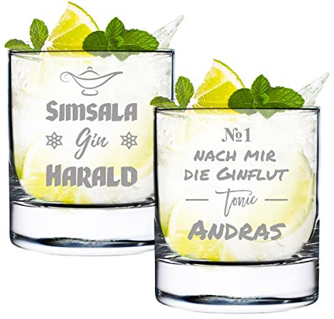 Gin Tonic Gläser 2x mit gravierte Sprüche - 320 ml Volumen - personalisiertes Cocktailglas - genießen - Geschenk für Mann und Frau - Geburtstag, Weihnachten, Jahrestag, Jubiläum - Spruch 3 und 4
