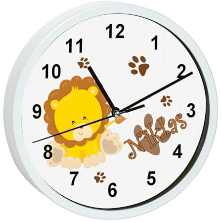 CreaDesign, Wanduhr Kinder personalisiert mit Name, Motiv Löwe, Rahmen Wanduhr weiß, Ø 19,5 cm