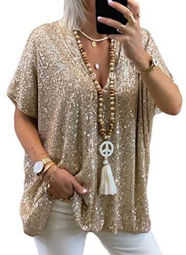 ORANDESIGNE Pailletten Oberteil Damen Sommer Pailletten T-Shirt V-Ausschbitt Glitzer Party Shirt Kurzarm Lose Bluse Gold-XL