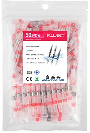 Kuject Lötverbinder Rot, 50stk Schrumpfschlauch mit Lötzinn, Kabelverbinder Wasserdicht 0,5-1,0mm², AWG 22-18