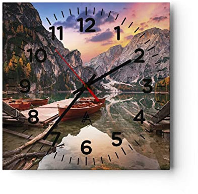 Modern Wanduhr Boote Berge See 30x30cm Quadrat Klein Wand Uhr Glas Analog Zimmeruhren Küche Büro Wohnzimmer Glasuhr Wall Clock Dekoration Design Wanddekoration Küchenuhr C4AC30x30-4638