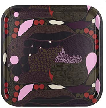 Marimekko - Tablett - Rusakko - Sperrholz - Farbe: Olive-Navy Blue-Red-Pink - 32 x 32 cm