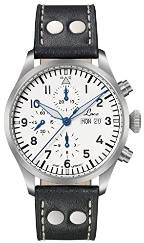 Laco Chronograph Kiel.2 hochwertige Automatikuhr, 43 mm Durchmesser, wasserdicht, Made in Germany (Weiß Lederband)