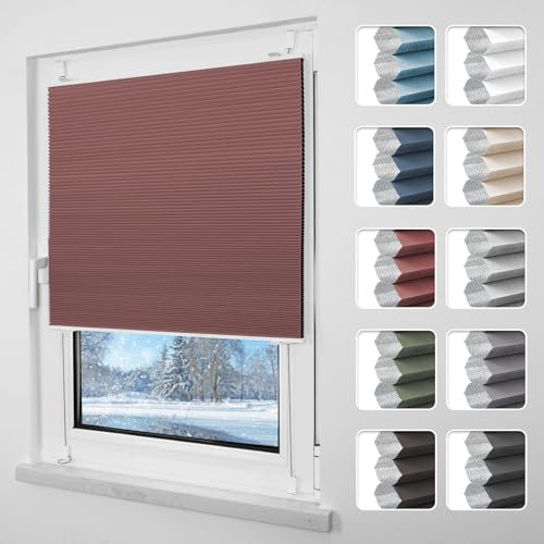 Grandekor Plissee ohne Bohren Verdunkelung 75x130cm weiß-weinrot, Wabenplissee ohne Bohren Thermo Doppelplissee Klemmfix 100% Verdunkelnd Sicht- & Sonnenschutz Plissee Rollos für Fenster & Tür
