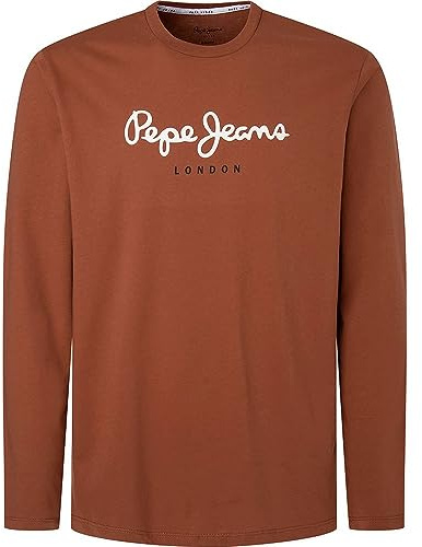 Pepe Jeans – Herren Langarmshirt – Normaler Schnitt – Nachhaltige Baumwolle – Rundhalsausschnitt – Logo-Print - Braun - Bekleidungsgröße - XL