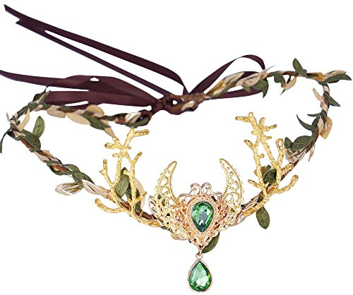 MOSTORY Handgefertigter Smaragd-Kristall-Elfen-Kreis, goldene Feen-Mond-Krone, Kopfschmuck, Waldzweig-Stirnband für Damen, Hochzeit, Party, Festival, Kostüm, Haarschmuck, Goldgrün, Kristall