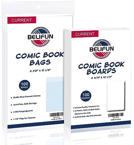 100ct Current Comic-Book-Bags and Boards - Reusable Comic Book Boards and Bags for Comic Book Storage, 1 1/2 Flap Comic Bags and Backing Boards, Clear Protector and Protection Board Cardboards