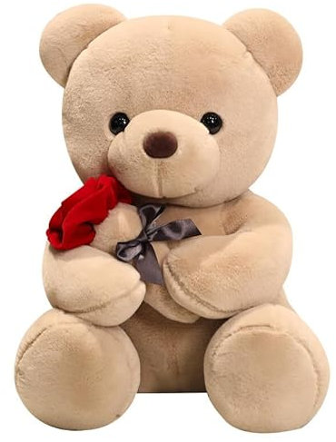 Teddybär Plüsch, 23cm Teddybär mit Rose, Stofftier Spielzeug Dekozimmer Kissen für Weihnachten, Valentinstag, Geburtstag Heimdekoration (23cm, Braun)