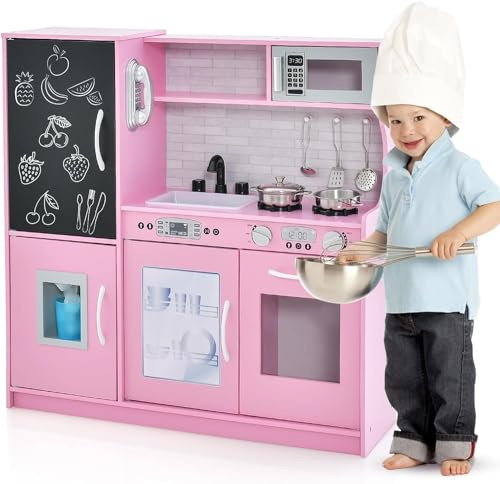 GOPLUS Cocina de Juguete de Madera con Luz y Sonido, Cocinita Infantil con Teléfono, Microondas, Fabricador de Hielo, Lavavajillas, Juguetes de Cocina para Niños de 3+ Años (Rosa)