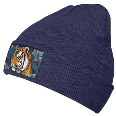 Mütze mit tropischem Tiger-Druck, für Damen und Herren, Strickmütze, warme Wintermütze, modische Mütze mit Bündchen, marineblau, One size