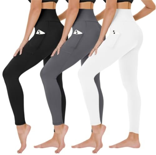 TNNZEET 3er Pack Leggings Damen High Waist Schwarz Leggins Blickdicht für Sport Gym(Schwarz/Dunkelgrau/Weiß-mit Taschen,S-M)
