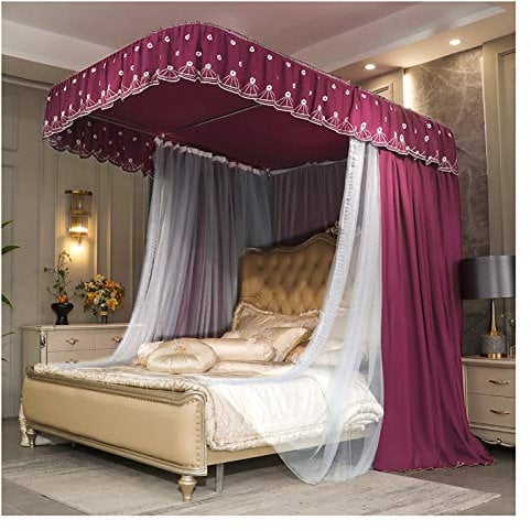 SZITW Prinzessinnen-Bettvorhang-Baldachin für Mädchen, 4 Eckpfosten-Betthimmel mit U-förmiger Halterung, Bettdekoration, 3 Öffnungen, Moskitonetz für King-Size-Bett und großes Queen-Size-Bett (Grö