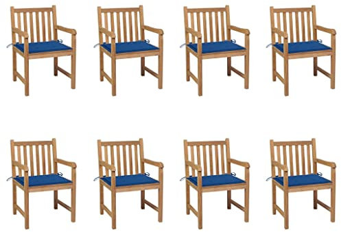 DYRJDJWIDHW Sun Garden,campingstuhl hochlehner,hochlehner gartenstuhl,Gartenstühle 8 STK. mit Königsblauen Kissen Teak Massivholzauflagen, Kissen & Polster,gartenstuhl Metall,hochlehner auflagen,