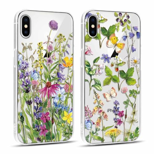 Yoedge 2 Stück Handyhülle für iPhone X/iPhone XS Hülle, Transparent Blumen Schmetterling Muster Mädchen Aesthetic Weich Schlanke Silikon Stoßfest Schutzhülle für iPhone X/iPhone XS 5,8