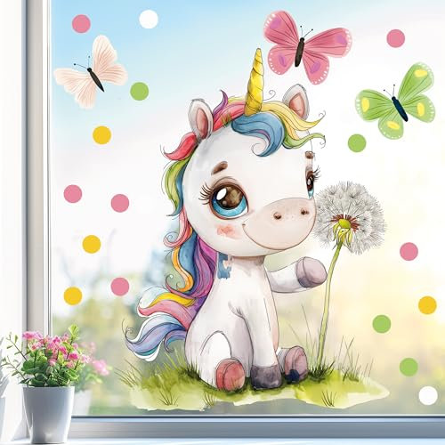 Sunnywall Fensterbild Fensterdeko Einhorn Pusteblume Fensteraufkleber statisch selbstklebend beidseitiger Druck Aufkleber Fenstersticker WIEDERVERWENDBAR A3