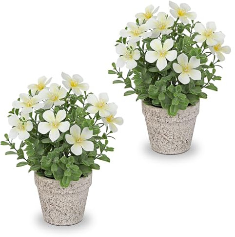 Arborus 25CM Artificial Flowers in Rustic Pot 2pcs Small Fake Plants Indoor in Pots White Decorative Artificial Oxalis Flowers for Farmhouse Windowsill Home Table Centerpiece Decoration