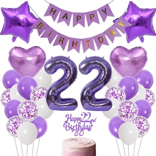 Anlgdi Luftballons 22. Geburtstag Dekoration, Lila Tortendeko Geburtstags 22 Jahre Mann, Geburtstagsdeko 22 Jahre Manner Frauen, Happy Birthday Banner für 22. Geburtstag MannerParty Dekoration