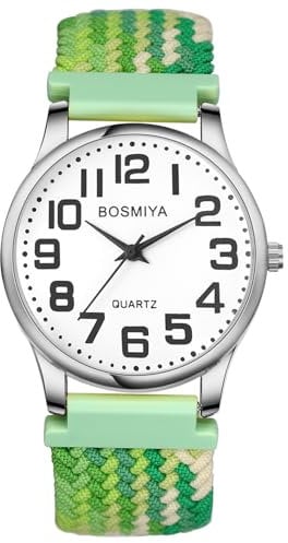 JewelryWe Damenuhr Geflochten Elastische Uhr: Einfache Analog Quarz Armbanduhr Damen Grün Weiß Gewebt Stretchband Lässige Uhr mit großen Zahlen Zifferblatt & Silber Gehäuse für Senioren