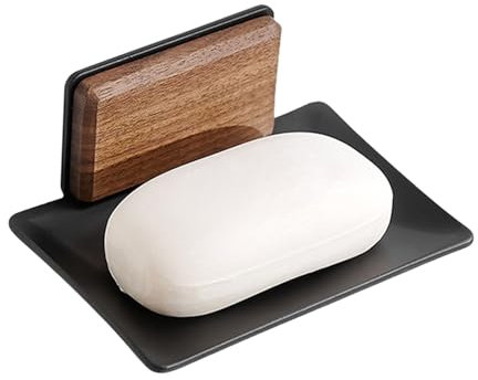 Pasdrucn Porte-Savon sans Perçage en Acier Inoxydable Autocollant, Porte-Savon pour Douche, Coupelle à Savon Murale sans Perçage en Bois, étagère à Savon Murale pour Salle De Bain (Noir)